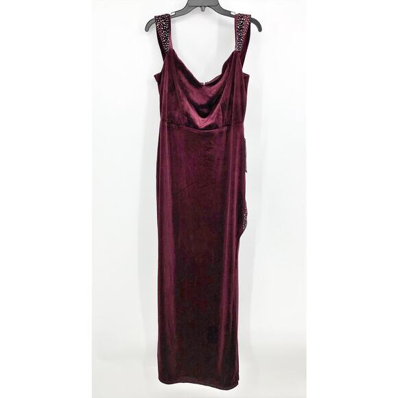 City Studio Womens Off The Shoulder Rhinestone Long Dress 16W Burgundy Slit NWT - Picture 2 of 8